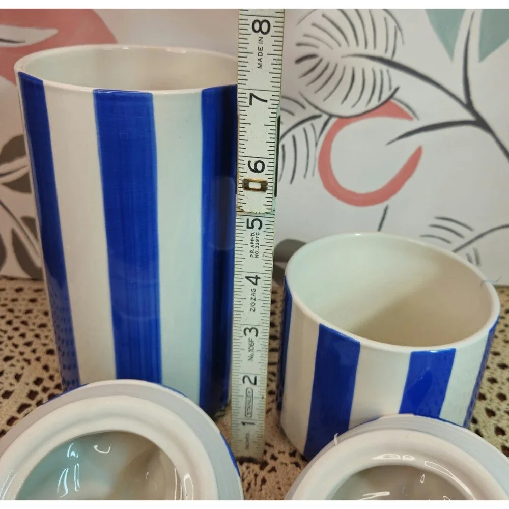 NWT Set of 2 Blue & White Striped Lemon Themed Canisters w/ Freshness Lids